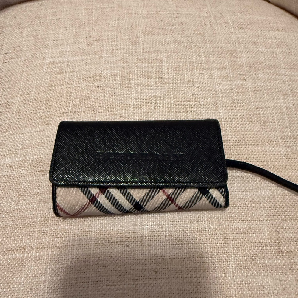 Burberry Plaid Key Holder with Black Leather Trim New